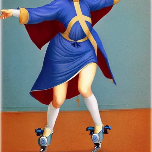 Prompt: blonde nun in blue clothes on roller skates, body shot, in the style of michaelangelo