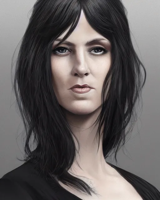 Image similar to portrait of a tall 4 0 - year - old woman with thin lips, heavy - lidded eyes, a strong jaw and long, thick shining black hair, thick eyebrows and long eyelashes, wearing in black clothes, hyper realistic face, beautiful eyes, character art, art by mark brooks, hyperdetailed, cryengine, trending on artstation, digital art