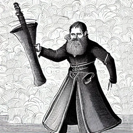 Image similar to wizard with beard, holding a bomb, dnd, high detail, fantasy, in the style of vintage antique illustration and line drawing, engraving, medieval line drawing