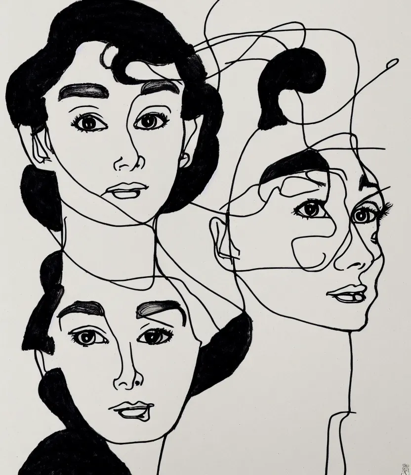 Prompt: elegant line art portrait of audrey hepburn, inspired by egon schiele. contour lines, graphic musicality, twirls, curls, curves, strong confident personality