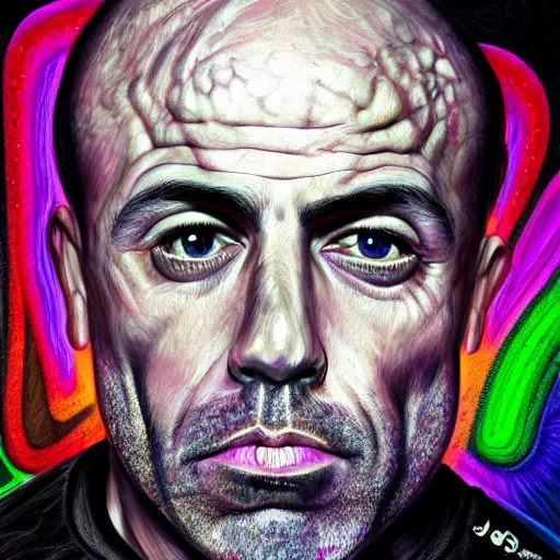 Prompt: An extremely psychedelic portrait of Joe Rogan, surreal, LSD, face, detailed, intricate, elegant, lithe, highly detailed, digital painting, artstation, concept art, smooth, sharp focus, illustration