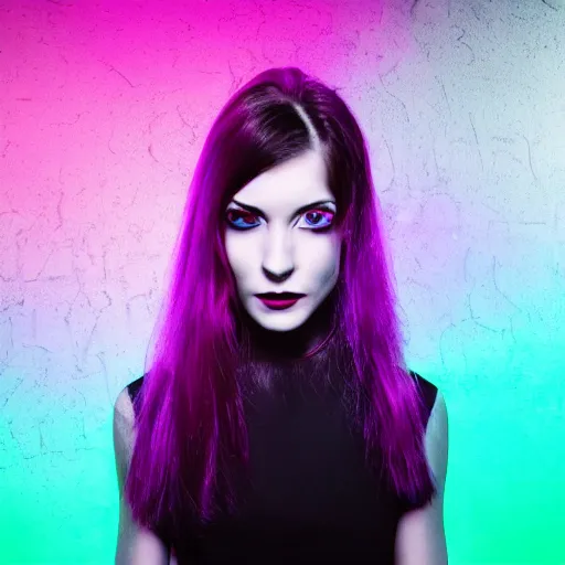 Prompt: portrait of woman wearing an elegant black dress and matte bold makeup, she has long hair and bright eyes, determined expression, illuminated by cyan and purple neon lights