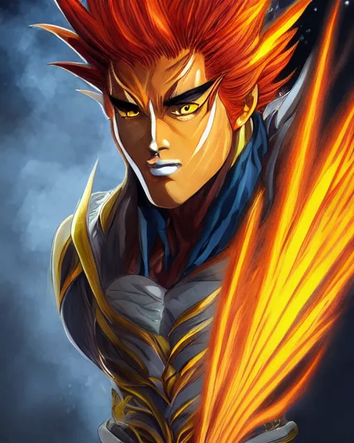 Image similar to A male dark phoenix, epic, highly detailed face, close-up, fantasy art, anime art, in the style of masami kurumada, illustration, epic, fantasy, intricate, hyper detailed, artstation, concept art, smooth, sharp focus, ray tracing