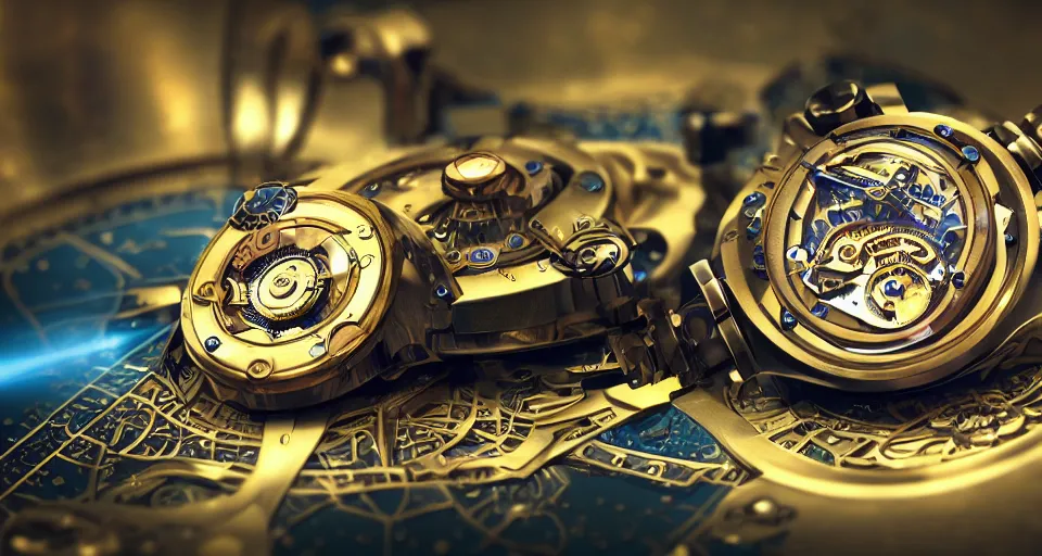 Image similar to complex 3 d render of a futuristic steampunk watch lying on a table, high detail, sharp focus, glowing blue interior components, fractal detail, depth of field, bokeh, cinematic lighting and composition, octane render, film grain, by syd mead, rolex, porsche