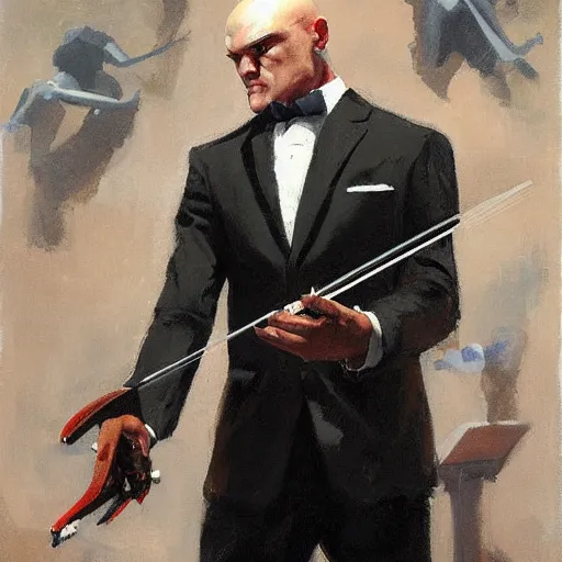 Image similar to agent 4 7 from hitman playing a violin, by gregory manchess, james gurney, james jean