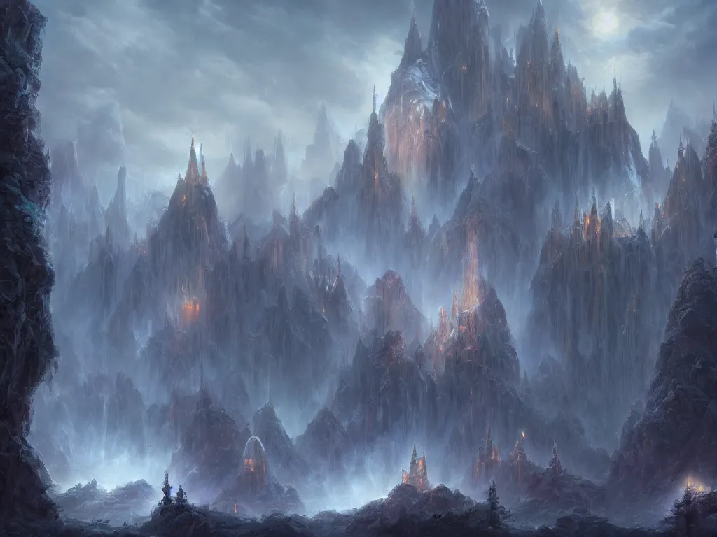 Prompt: ethereal crystalline elven castle; by noah bradley; matte painting, hyperrealistic, 4K wallpaper, cinematic lighting, highly detailed