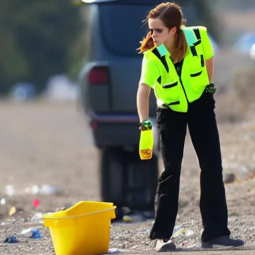 Image similar to emma watson in a hi vis vest picking up trash on the side of the interstate. paparazzi photo,