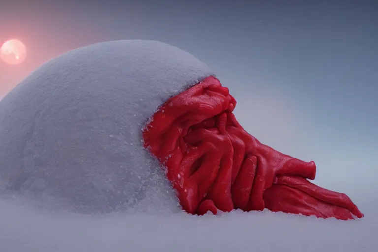 Prompt: a red skull buried in snow, surreal frozen landscape, 8 k, cinematic lighting, by beeple and zdzisław beksinski