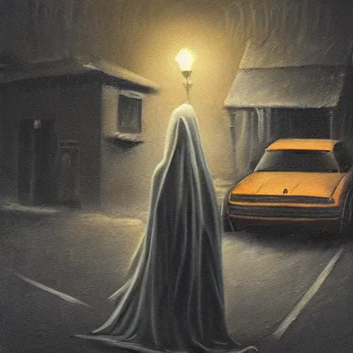 Image similar to ominous bedsheet ghost standing in front of a cars headlights late at night, oil painting, brush strokes, highly ornate intricate detail, gloomy mood,