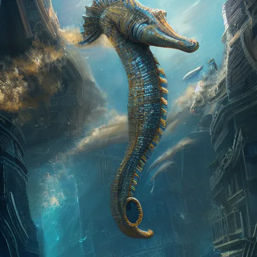 Image similar to a giant seahorse swimming above the city of atlantis by Cedric Peyravernay, highly detailed, full view of seahorse, excellent composition, cinematic concept art, colorful dramatic lighting, trending on ArtStation