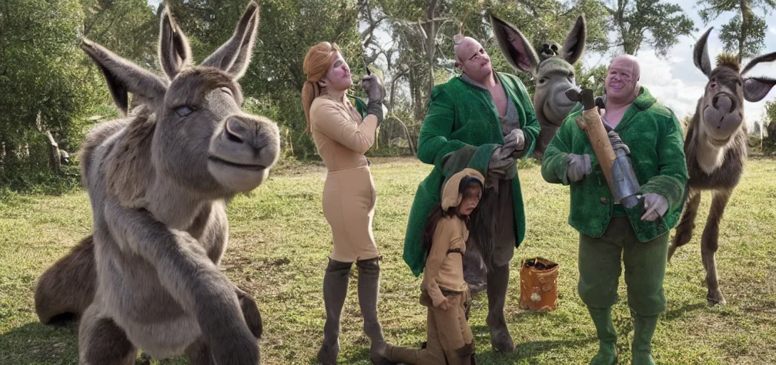 Prompt: behind the scenes photo of shrek, fiona and donkey taking a break in - between filming scenes. movie sound - set. green screen. director reviewing footage. donkey smoking a cigar.