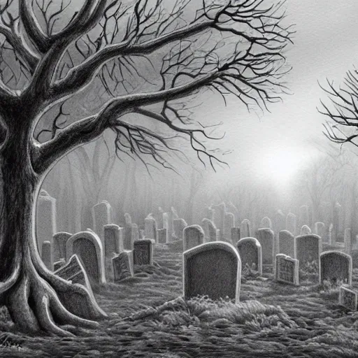 an eerie graveyard with ancient tombstones, misty, | Stable Diffusion