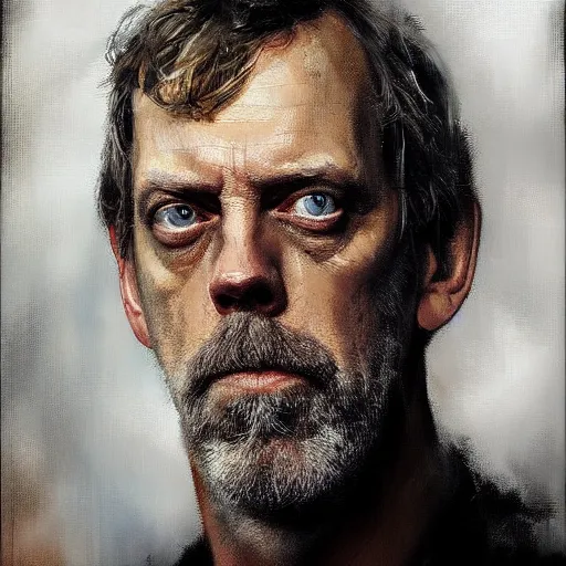 Prompt: face protrait of hugh laurie, realistic, ultrahd, jeremy mann painting