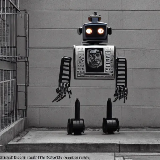 Prompt: robot minotaur patrolling a brutalist prison