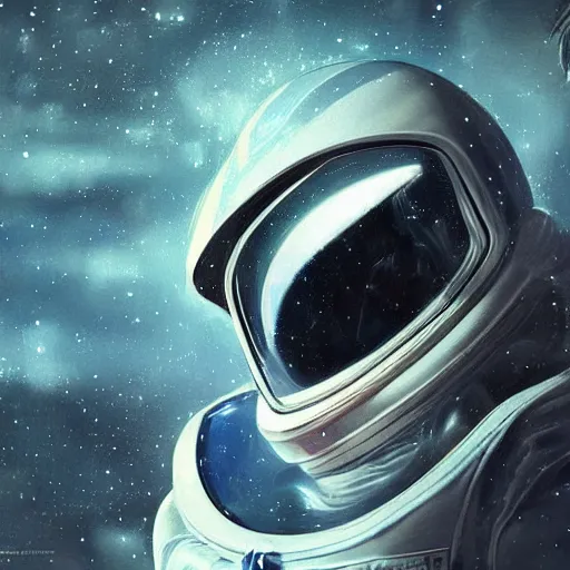 Image similar to portrait of an astronaut with a beautiful woman in the reflection on the helmet, dreamy, concept art, highly detailed, trending on art station, dreamy lighting, beautiful