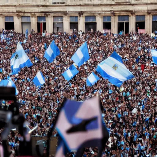 Image similar to Lady Gaga as president, Argentina presidential rally, Argentine flags behind, bokeh, giving a speech, detailed face, Argentina