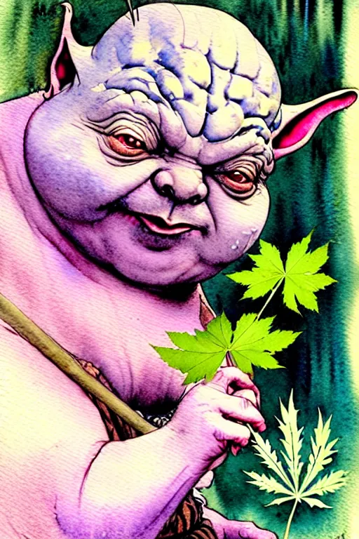 Prompt: a realistic and atmospheric watercolour fantasy character concept art portrait of a fat yoda with pink eyes giggling and holding a blunt with a pot leaf nearby, by rebecca guay, michael kaluta, charles vess and jean moebius giraud