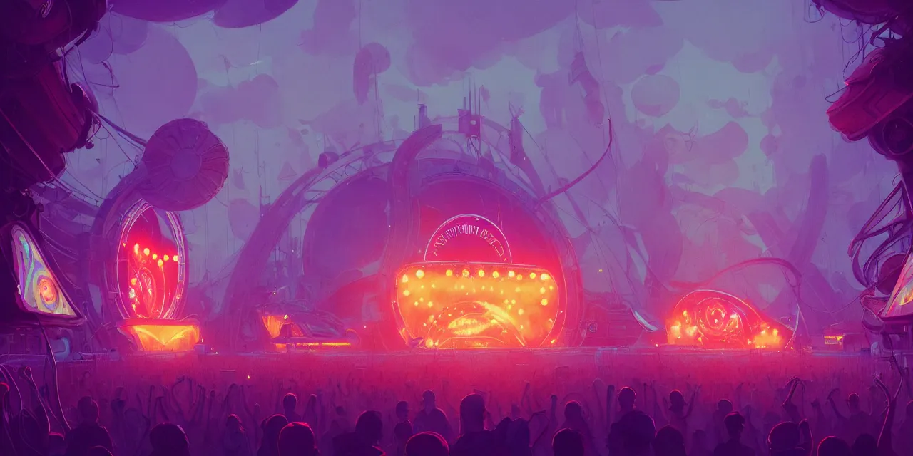 Image similar to tomorrowland, hyper - realistic detailed music festival stage, by atey ghailan, by greg rutkowski, by greg tocchini, by james gilleard, by joe fenton, by kaethe butcher, dynamic lighting, neon cinematic lighting color scheme, white lighting, grunge aesthetic