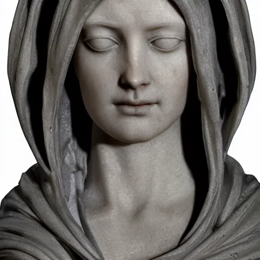 Prompt: a masterpiece marble sculpture of the hooded virgin, !cracks, !dramatic !face, !female, covered in intricate !detailed !!streaked veil , physically based rendering, ultra photo realistic, cinematic lighting , dark background by Dan Hillier