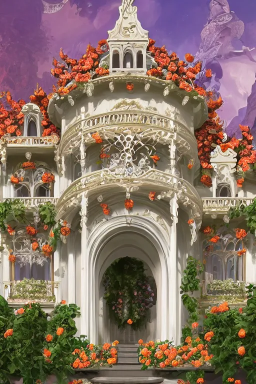 Prompt: The front of the white Rococo-style castle is full of roses, Art Nouveau Cosmic 4k Detailed Matte Illustration featured on Getty Images ,CGSociety, Jade and Carrot orange color scheme, Pastiche by Marc Simonetti, Pastiche by Cedric Peyravernay