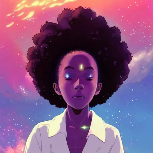 Prompt: ( a young black girl with a nebula afro and third eye ), meditating on a cloud, trending on pixiv fanbox, painted by makoto shinkai takashi takeuchi studio ghibli, akihiko yoshida, yoshitaka amano, wangechi mutu, clean cel shaded vector art, retrowave colors, illustration, hd, 8 k