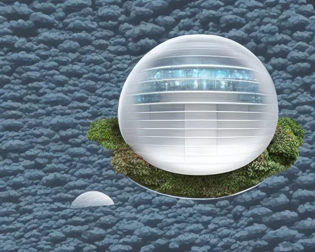 Image similar to futuristic innovation. modular dome house. there is a city on a cloud. floating over the city. mycelial