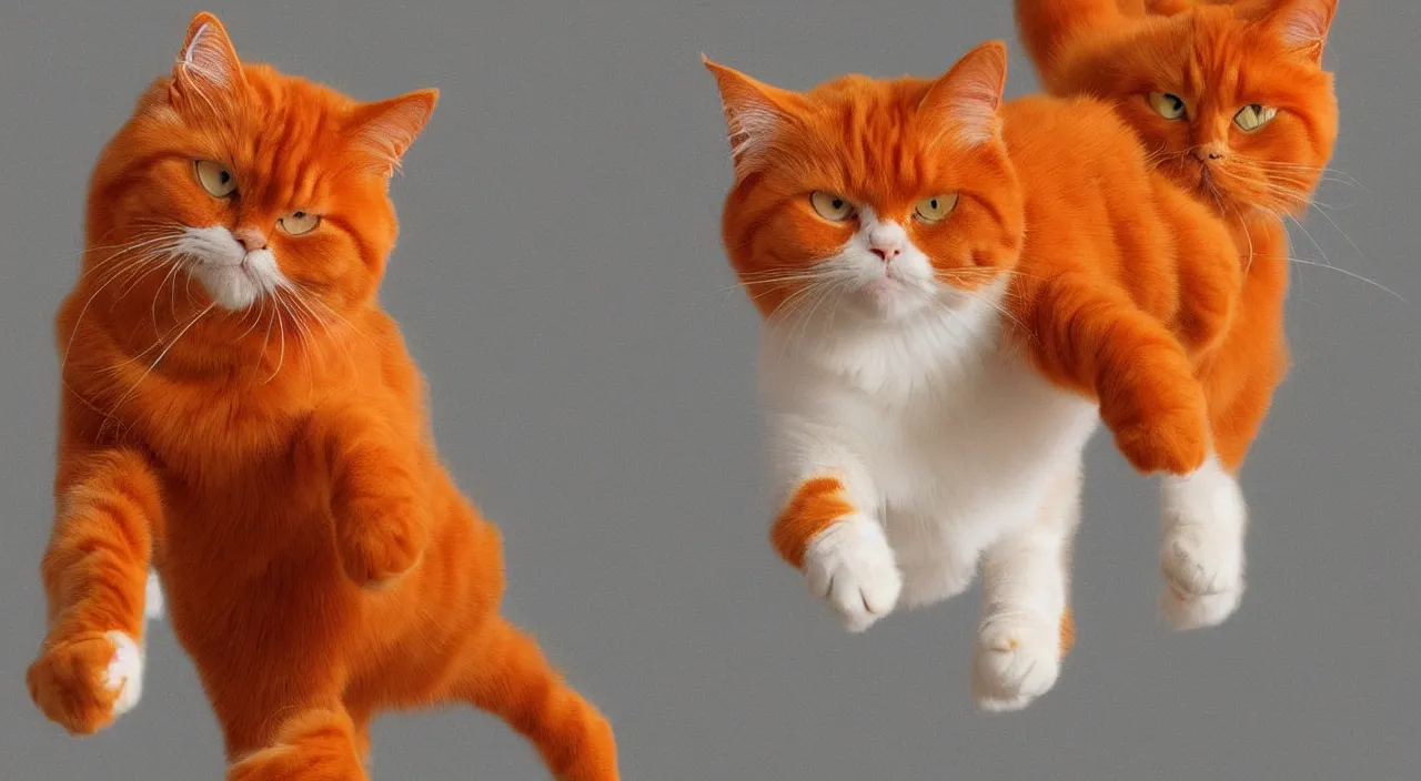 Prompt: an orange ragdoll cat in a house running towards human legs, digital art, beautiful cat,