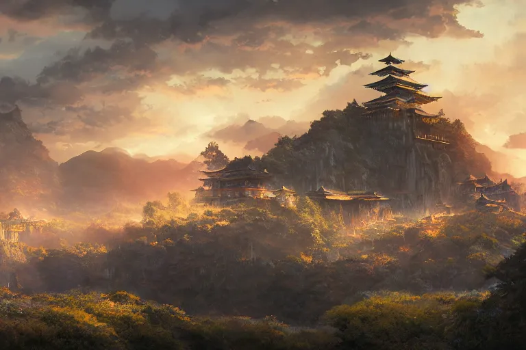 Image similar to cinematic lighting fantasy painting, an ancient land, sunset and ominous shadows over the kingdom, valleys and farmland and villages, brutalist shiro himeji rivendell palace, garden of eden by jessica rossier