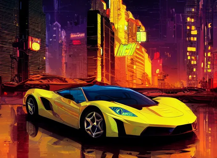 Image similar to a sport car in a city, sharp focus. cinematic pose, cinematic lighting, art by josan gonzales and moebius and deathburger.