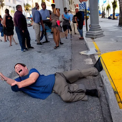 Prompt: ron desantis laughing at poor person laying on the street by neo rausch