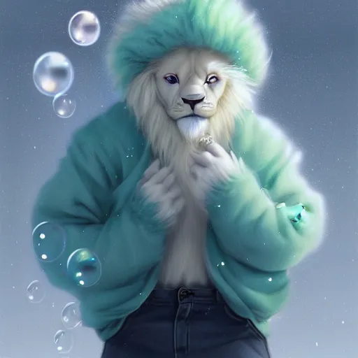 Image similar to aesthetic portrait commission of a albino male furry anthro lion cub popping floating bubbles while wearing a cute mint colored cozy soft pastel winter outfit, winter Atmosphere. Character design by charlie bowater, ross tran, artgerm, and makoto shinkai, detailed, inked, western comic book art, 2021 award winning painting