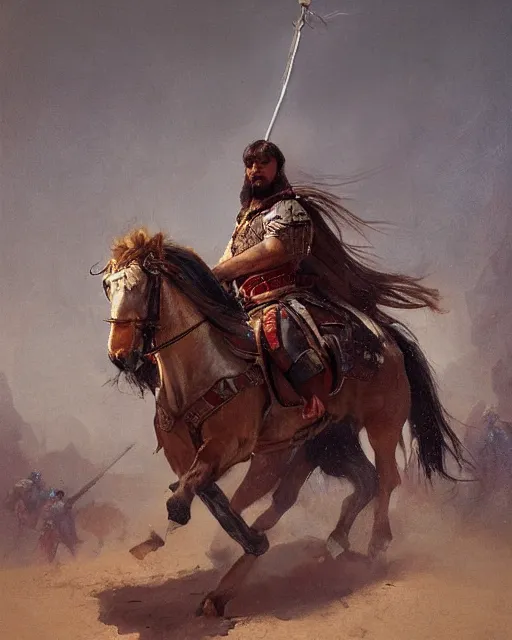 Prompt: portrait of a spanish conquistador in battle riding a horse, by daniel zrom and greg rutkowski, facial features, handsome