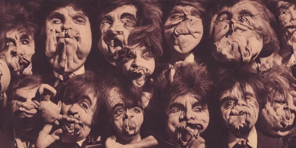 Image similar to midget band with faces on their chest, 1980s surrealism aesthetic, detailed facial expressions