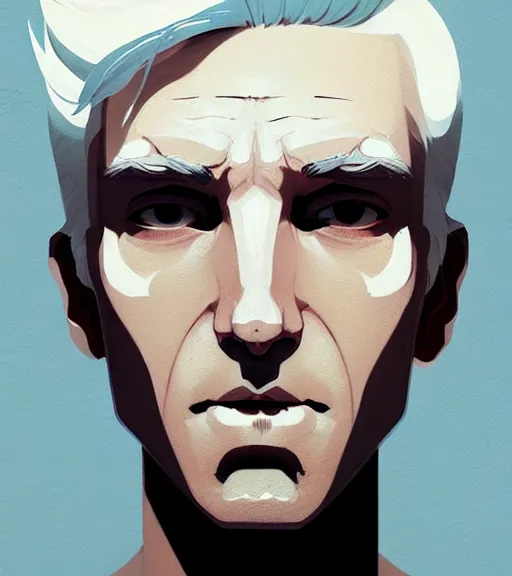 Prompt: portrait of a man white hair, white eyes, face tatooes by atey ghailan, by greg rutkowski, by greg tocchini, by james gilleard, by joe fenton, by kaethe butcher, dynamic lighting, gradient light blue, brown, blonde cream and white color scheme, grunge aesthetic