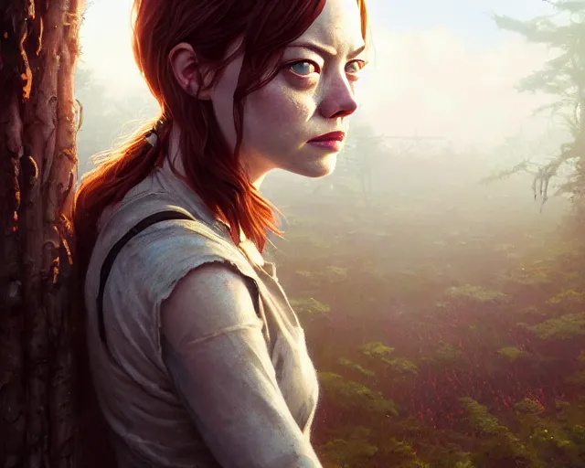 Image similar to highly detailed portrait of emma stone, in the walking dead, stephen bliss, unreal engine, fantasy art by greg rutkowski, loish, rhads, ferdinand knab, makoto shinkai and lois van baarle, ilya kuvshinov, rossdraws, tom bagshaw, global illumination, radiant light, detailed and intricate environment