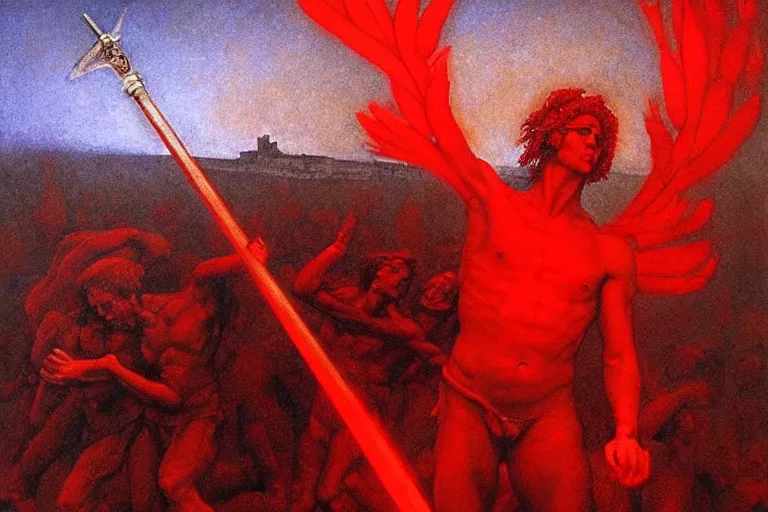 Image similar to only with red, a red melted apollo with a laurel wreath and a flaming sword announce the win, athens in the background, in the style of beksinski, part by hopper, part by rodcenko, part by hofbauer, intricate composition, red by caravaggio, insanely quality, highly detailed, masterpiece, red light, artstation