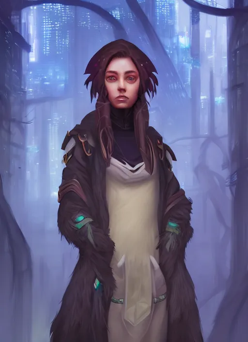 Image similar to commission of a beautiful portrait of a female anthro wolf fursona wearing jedi robes in a forested cyberpunk city. Character design by charlie bowater, ross tran, artgerm, and makoto shinkai, detailed, soft lighting, rendered in octane