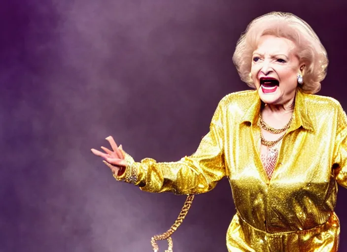 Image similar to publicity photo still of betty white as a gangsta rapper covered in gold chains, with grills in teeth and wearing a jumpsuit live on stage, 8 k, live concert lighting, mid shot