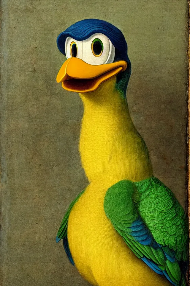 Image similar to a renaissance portrait of donald duck as a green parrot, beautiful intricate painting