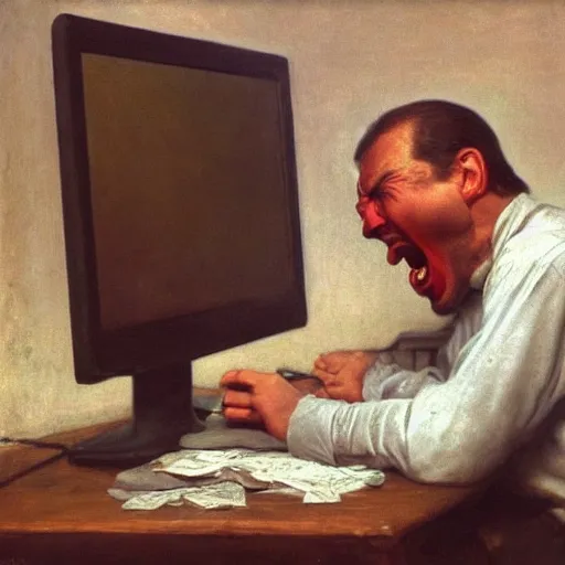 Image similar to an angry man screams at his computer monitor, oil on canvas, 1 8 8 3, highly detailed