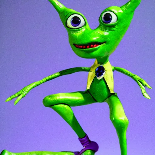 Prompt: the green alien who loves to dance as a background extra in the new Rankin bass stop motion film about a rabbit who thinks he is in wonderland