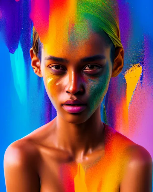 Image similar to photo half body portrait of very beautiful woman, face emerging from pool of colorful oils, brown skin, realism, extreme detail, real life, key art, soft light, volumetric light, 3 - d shadows, photo by james jean and wlop, photoshoot