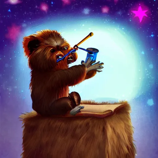 Image similar to adventurous ewok studying a star chart with a telescope next to it, digital art, artstation, colorful