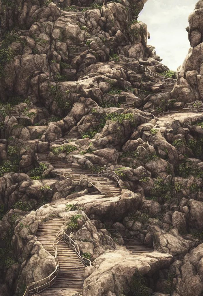 Image similar to kodak portra 4 0 0, photographic and realistic epic vast staircase carved into rock cliff side, photorealistic, hyper detailed, 8 k, movie still, artstation, unreal engine,