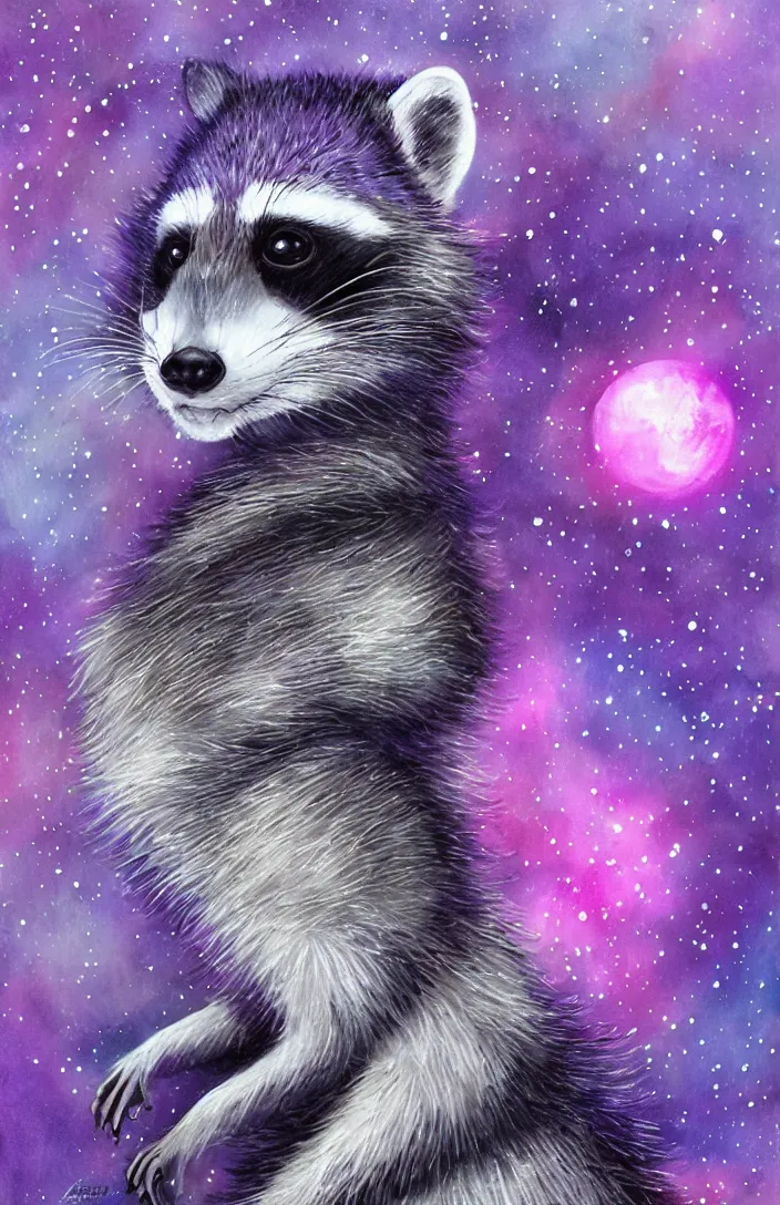 Image similar to purple raccoon in the stars in the style of Anna Dittman