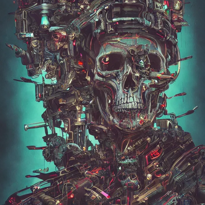 Image similar to a beautiful painting of a cyberpunk skull by james jean and pascal blanche and julian calle and nekro. in style of colorful comic noir illustration, symmetry, sci fi, hyper detailed. octane render. trending on artstation