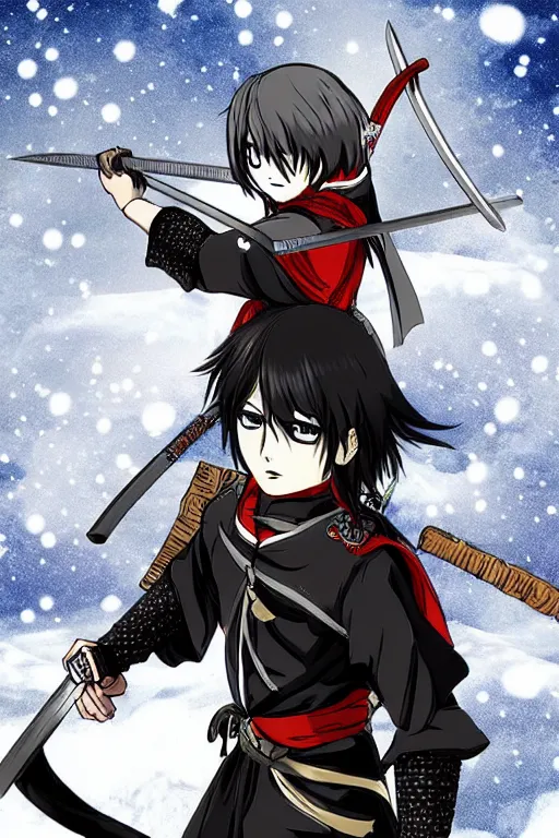 Prompt: anime style warrior with katana, snowy