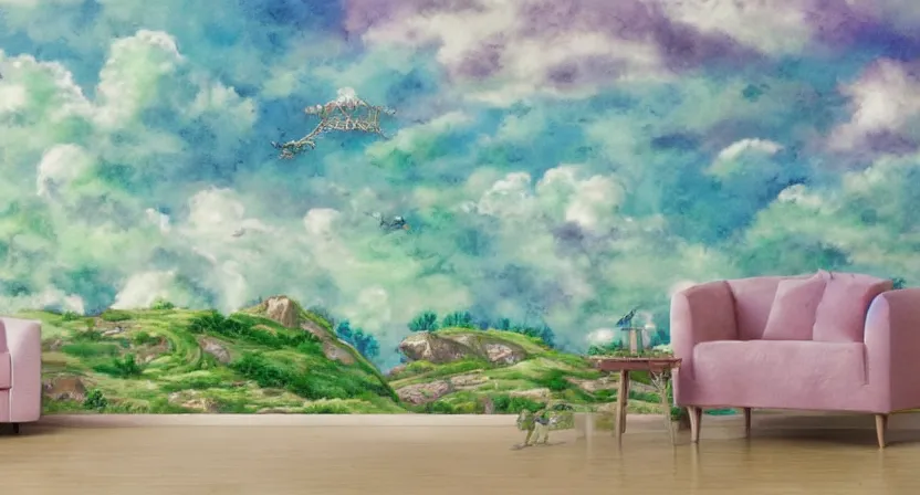 Prompt: ghibli style wallpaper, dragons flying in the sky, green pastures, pastel colors, faded, water color, painting