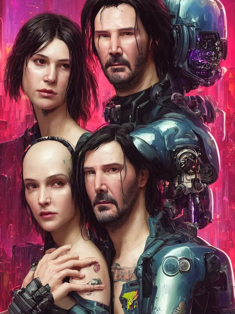 Image similar to a cyberpunk 2077 srcreenshot wedding couple portrait of Keanu Reeves and female android final kiss,love,film lighting,by Laurie Greasley,Lawrence Alma-Tadema,Dan Mumford,John Wick,Speed,Replicas,artstation,deviantart,FAN ART,full of color,Digital painting,face enhance,highly detailed,8K,octane,golden ratio,cinematic lighting