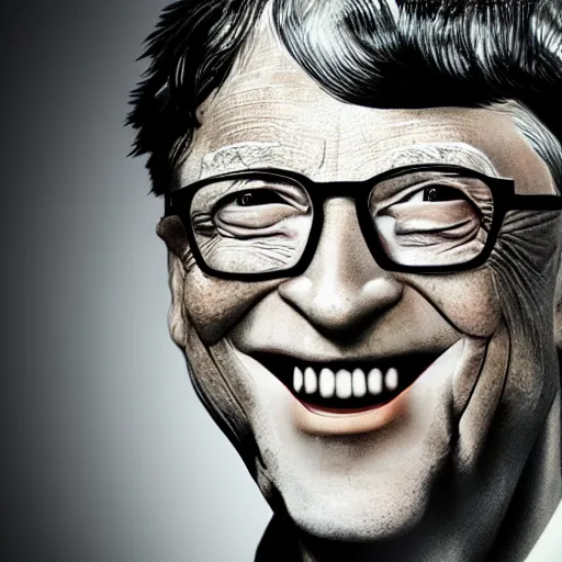 Prompt: bill gates evil with a vampire teeth, he has a needle in his hand that is dripping with liquid, hyper realistic, award winning, masterpiece, 4k